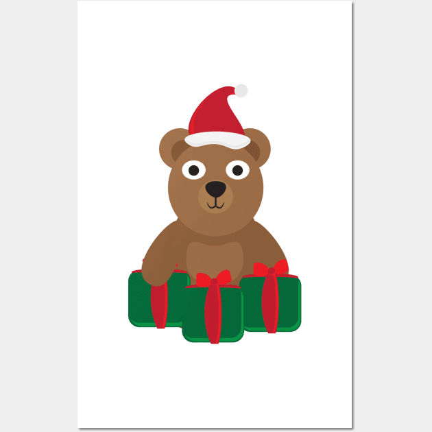 Cute Cartoon Bear with Santa Hat and Green Red Gifts Wall Art by sigdesign